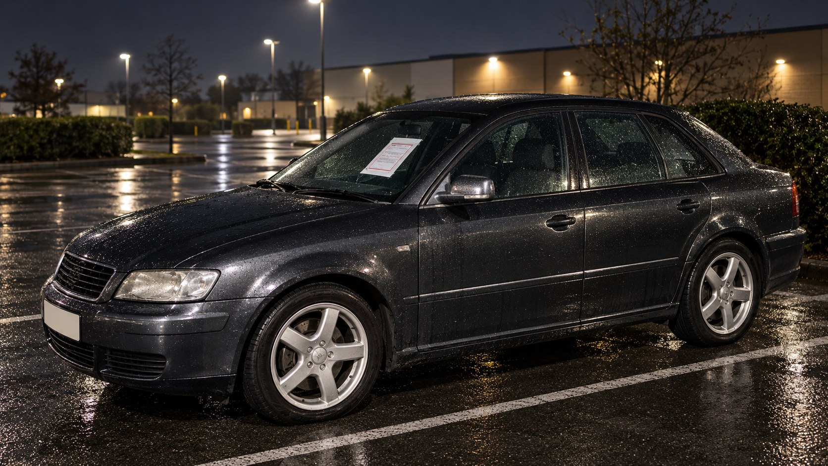 Abandoned car with notice in a commercial car park